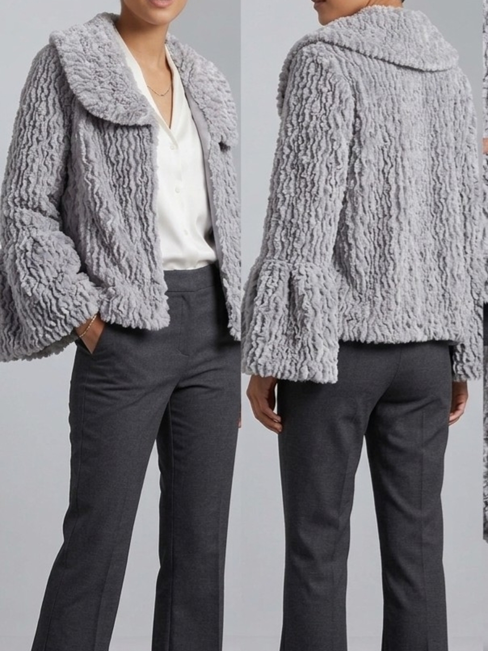 Light Grey Faux-Shearling Teddy Jacket with Shawl Collar